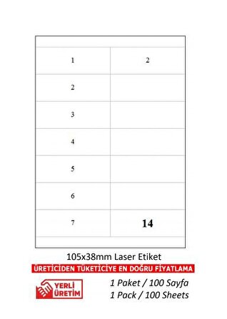 A1Etiket Tw-2514 Ebat 105 x 38 mm Lazer Etiket  A4 Sayfada 14 Etiket